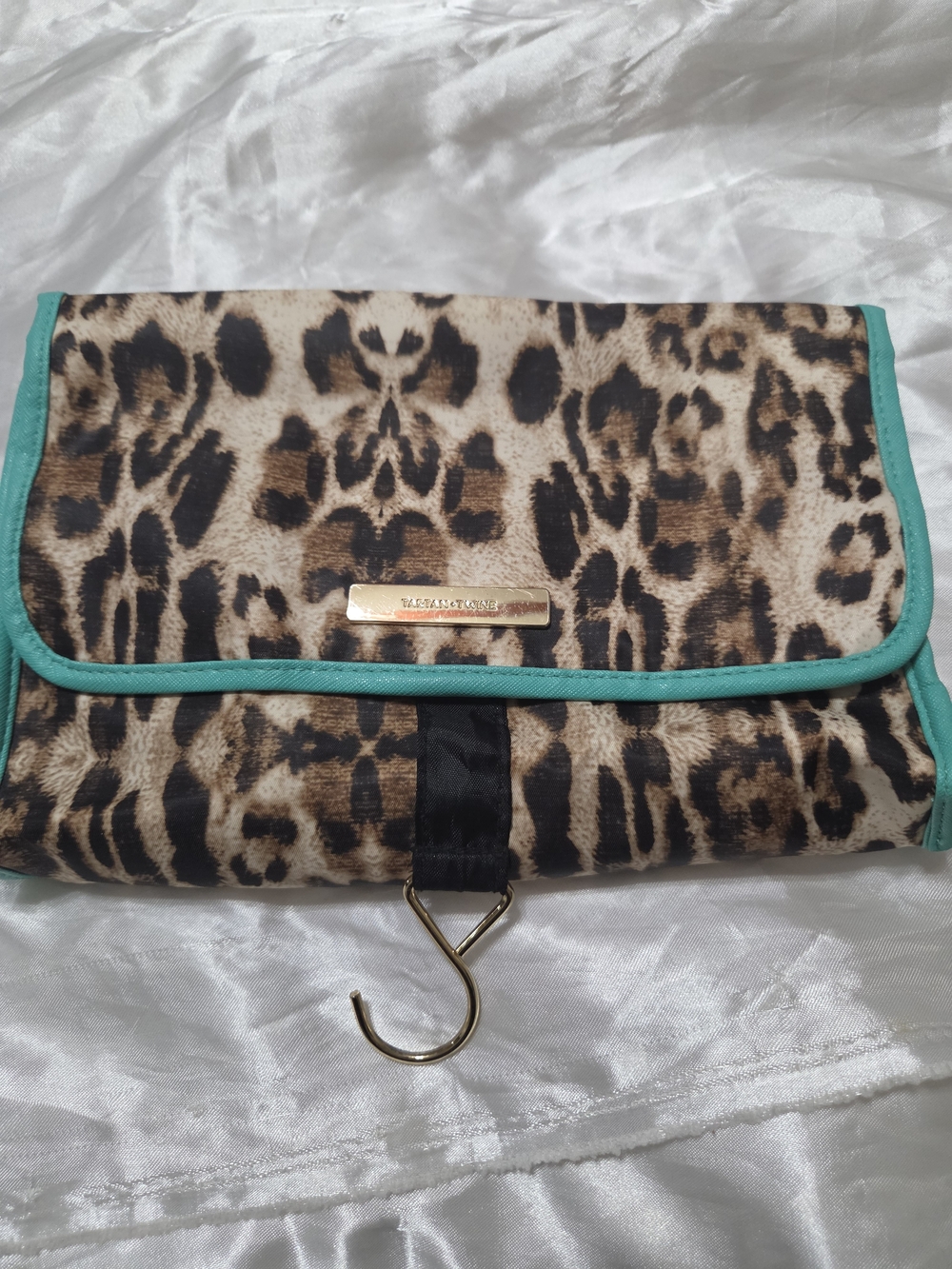 Leopard Print Foldover Travel Bag with Teal Trim